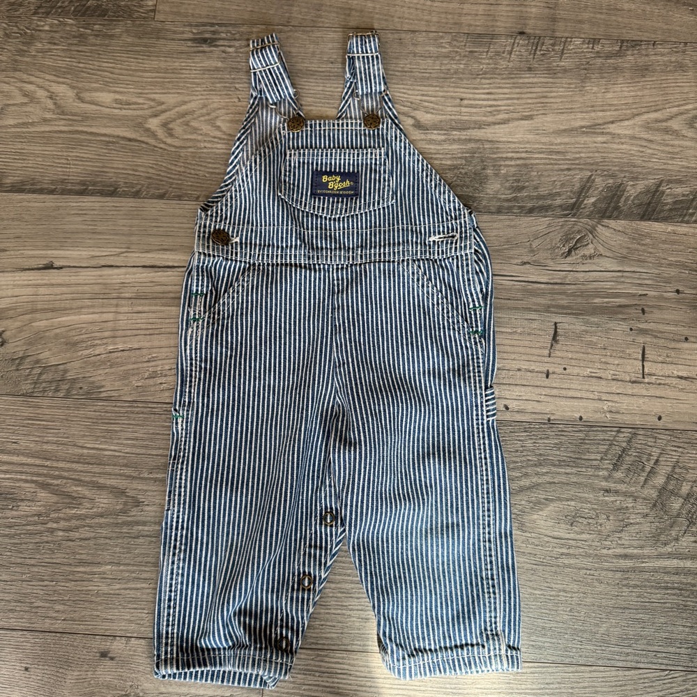 Vintage Oshkosh B'gosh Vestbak Blue White Engineer Striped Overalls Sz 12M